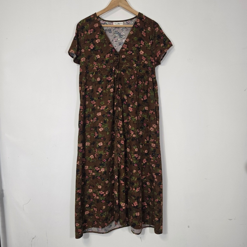 Natural Life Avery Corduroy Midi Dress Womens M Brown Floral Pockets fall - Picture 3 of 13